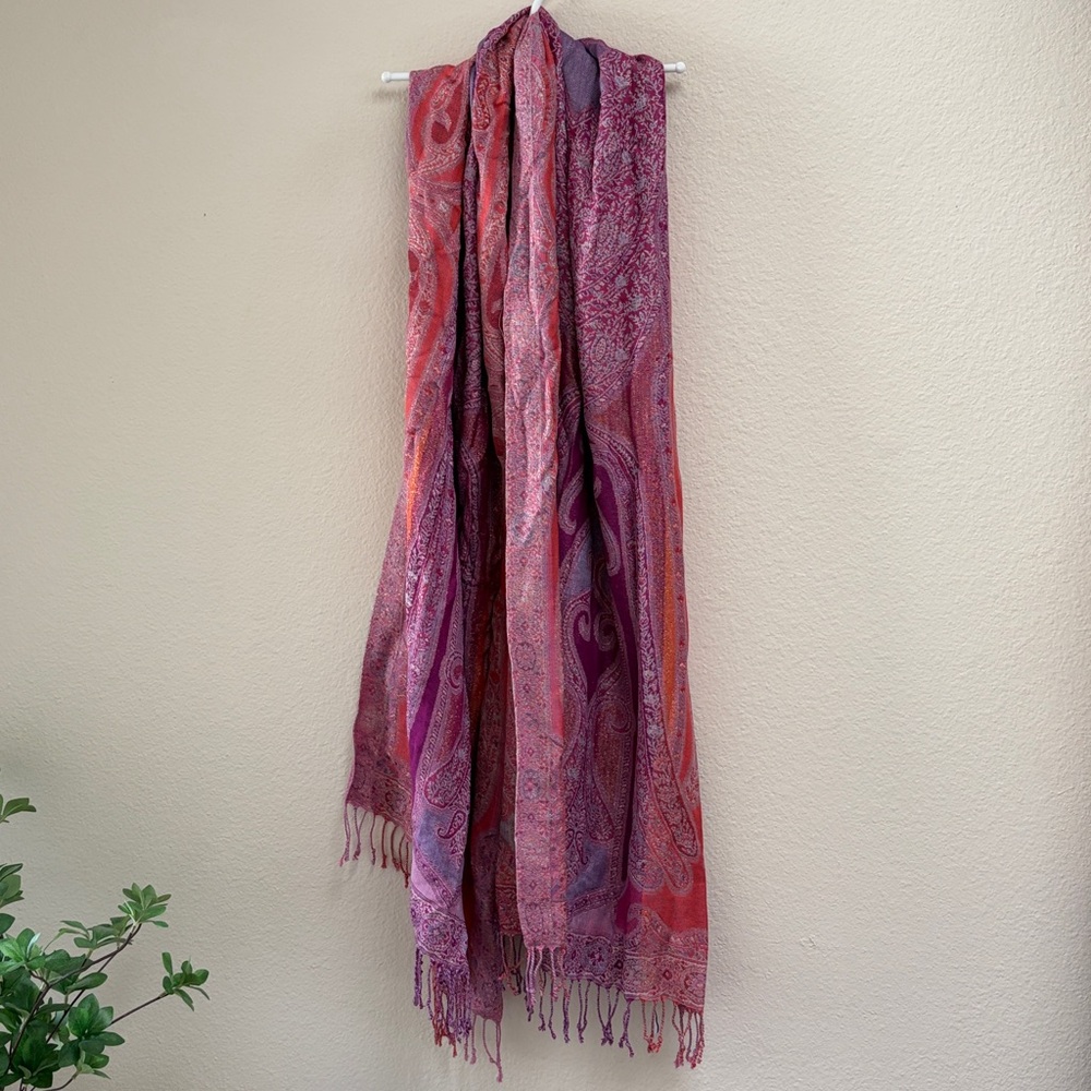 Studio Thirtysix Pink Purple Pashmina Paisley Shimmer Fringe Large Scarf Wrap
